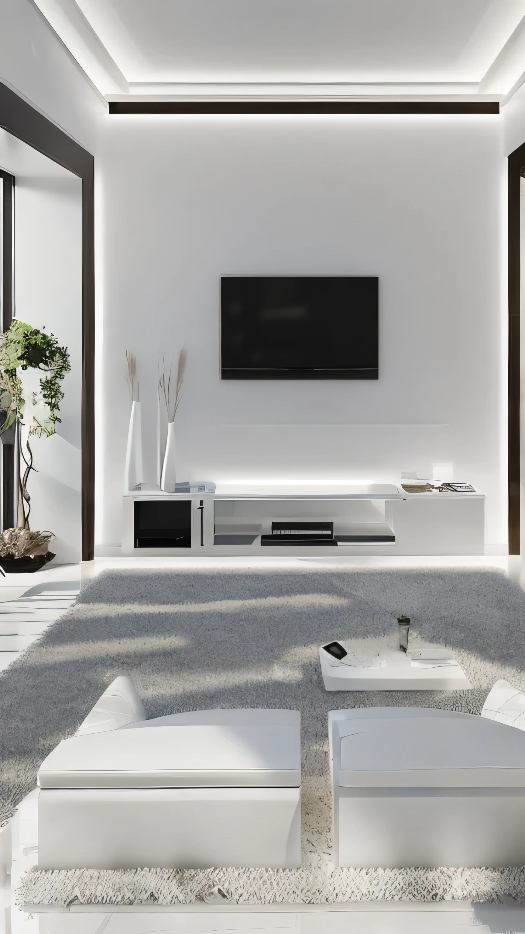 White living room, minimalism, front view, center, white, one tv, large tv, center tv, front view center, white wall,