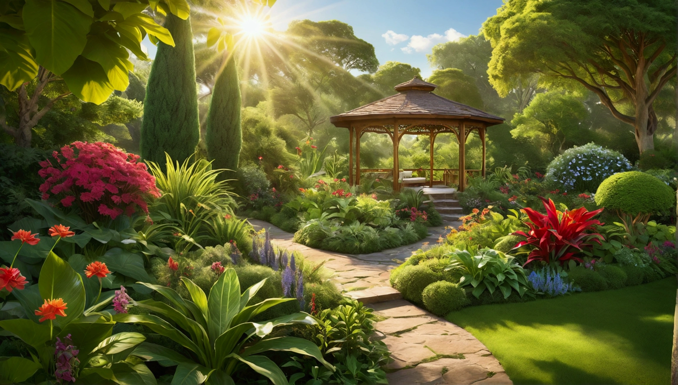 Hyperrealistic photo of a lush, flourishing garden of vibrant flora and fauna, each leaf and bloom teeming with life and vitality. The sun's warm rays illuminate the scene, casting a golden glow over the verdant landscape. You can almost feel the fresh, crisp air and hear the gentle rustle of the leaves in this stunningly detailed photograph. The image captures a sense of tranquility and rejuvenation, inviting viewers to immerse themselves in the beauty of nature's wellness.