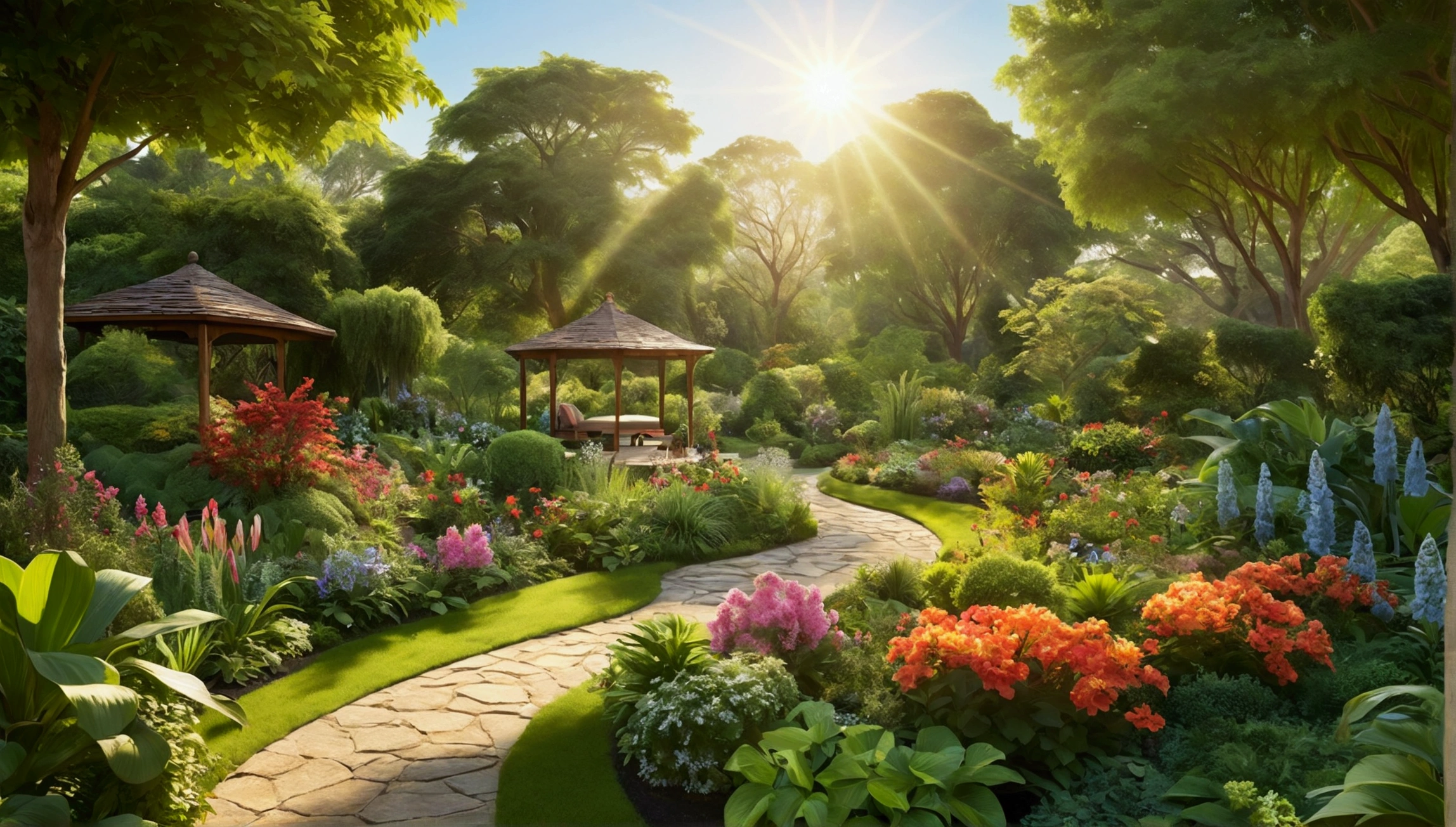 Hyperrealistic photo of a lush, flourishing garden of vibrant flora and fauna, each leaf and bloom teeming with life and vitality. The sun's warm rays illuminate the scene, casting a golden glow over the verdant landscape. You can almost feel the fresh, crisp air and hear the gentle rustle of the leaves in this stunningly detailed photograph. The image captures a sense of tranquility and rejuvenation, inviting viewers to immerse themselves in the beauty of nature's wellness.