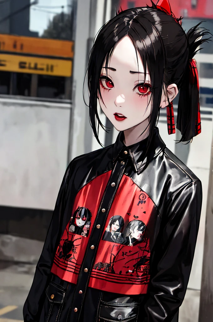 ((kaguya shinomiya))  (Masterpiece:1.2, Best Quality), (real picture, intricate details), solo, young girl, (hands in pocket), The clothes: edgy, Vanguard, Experimental appearance: shaved head or bold hair color, Dramatic make-up, Unconventional Fashion Choices Behavior: mutinous, Nonconformist, Provocative disposition: Urban Arts District, Underground Music Scene Hobbies: Attending a punk show, Creating art in mixed media, experimenting with different subcultures Values: individuality, authenticity, Creative Expression Inspiration: Punk rock music, Counterculture Icons, avant-garde artistic movements Character traits: courageous, courageous, unconventional.