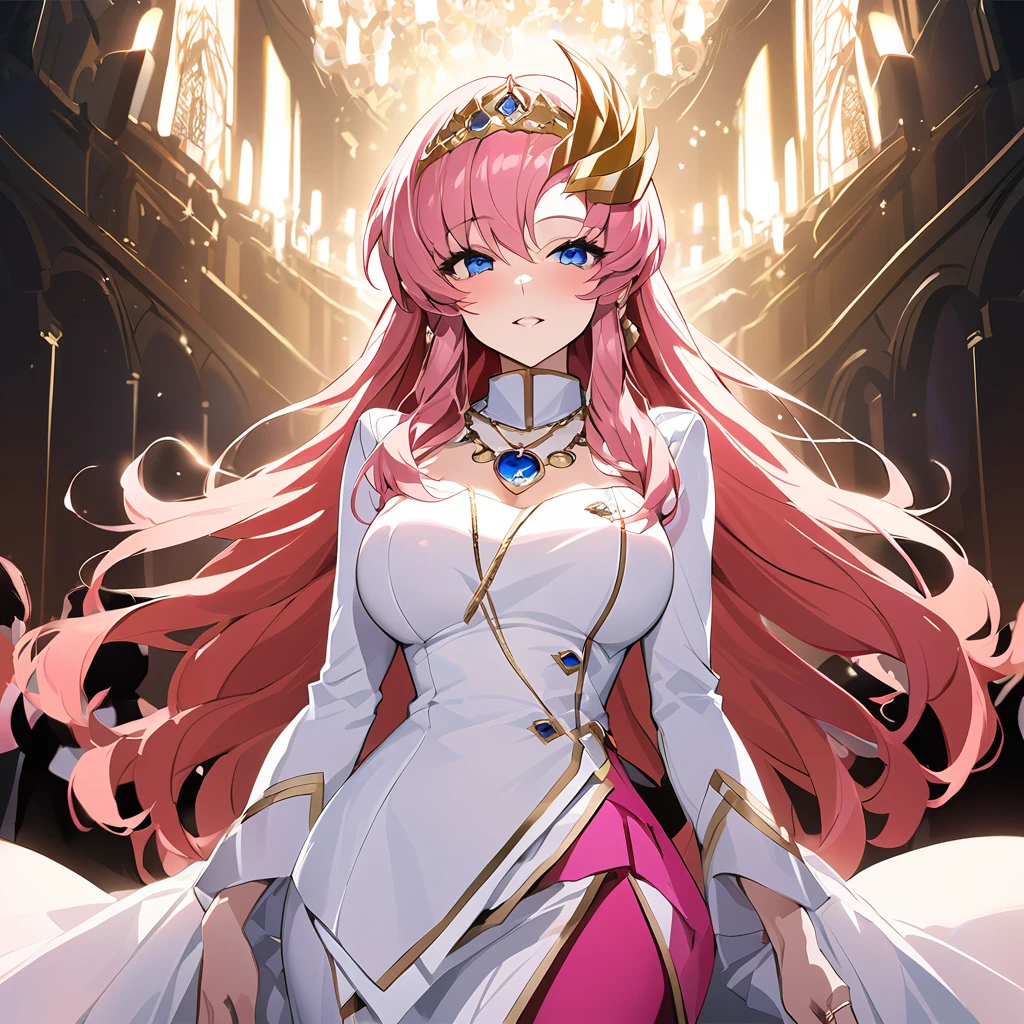 ((Highest quality)), ((masterpiece)), (detailed), （Perfect Face）、The woman is Lacus Clyne, the wife of the leader of a mysterious cult. She has blue eyes, medium-long pink hair, a hair accessory, is wearing the mysterious, luxurious cult clothing of the mysterious religious organization, a necklace and accessories with mysterious devil symbols, a luxurious head chain tiara, and an engagement ring.、The woman is the wife of a middle-aged, bearded cult leader whom she greatly admires.、He is standing at the altar of a cult with a mysterious cult leader dressed in luxurious cult leader clothing.