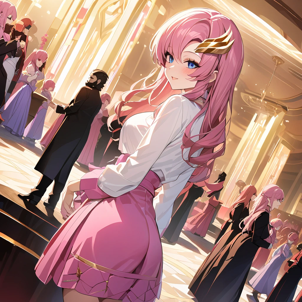 ((Highest quality)), ((masterpiece)), (detailed), （Perfect Face）、The woman is Lacus Clyne, the wife of the leader of a mysterious cult. She has blue eyes, medium-long pink hair, a hair accessory, is wearing the mysterious, luxurious cult clothing of the mysterious religious organization, a necklace and accessories with mysterious devil symbols, a luxurious head chain tiara, and an engagement ring.、The woman is the wife of a middle-aged, bearded cult leader whom she greatly admires.、He is standing at the altar of a cult with a mysterious cult leader dressed in luxurious cult leader clothing.