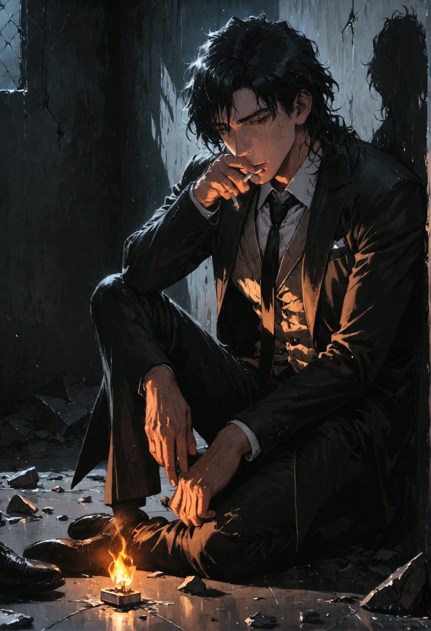 Constantine, man sitting on the floor, smoking a cigarette, dressed in a suit, black tie, broken glass on the floor, leaning against a wall, dark and gloomy scene