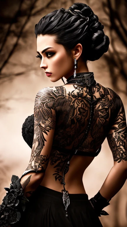 (best quality, 4K, 8k, High resolution, masterpiece: 1.2), extremely detail: 1.4, Back of a beautiful punk woman with a black dragon tattoo with roses, perfect body, Iroquois excited:1,3 (photorealisti , Intricate detailing: 1.37), very detailed face, extremely detailed facial features, hyper-realisti skin texture, detailed skin structure, masterpiece, 8k, Lovely, detailled eyes, beautiful detailed lips, extremely detailed face, longeyelashes, realisti, extremely fine details, photorealisti, dramatic lighing, atmospheric lighting, cinematic lighting, 基于物理的渲染, Vivid colors, dramatic lighing, Intricate detailing, Film composition, Gothic-Mode, dramatic pose