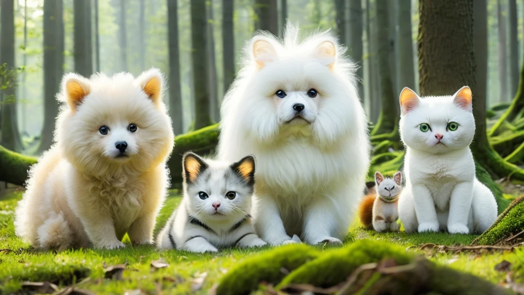 white、fluffy、fluffy、cute、Animals Five different animals lined up、nature、Warm、green、forest