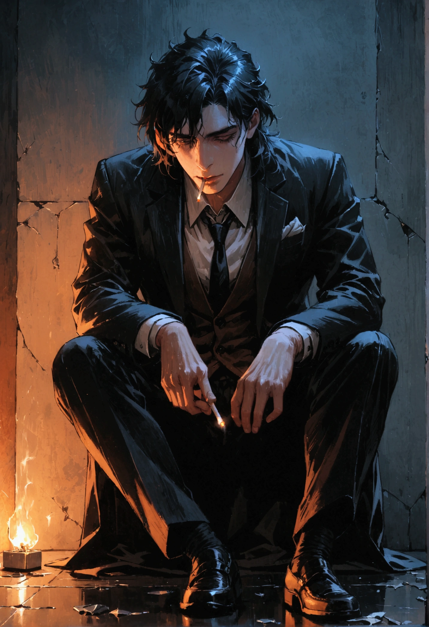 Constantine, man sitting on the floor,lighting a cigarette,lighter fire, dressed in a suit, black tie, broken glass on the floor, leaning against a wall, dark and gloomy scene