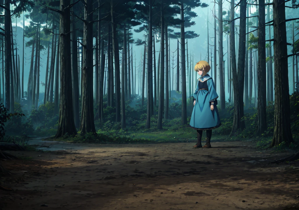 a girl with short blonde hair, with light blue dress, standing backwards, forst, Thu, 2d, dark surroundings, dried leaves, natta, haze, grays, giant muscular elk monster sitting