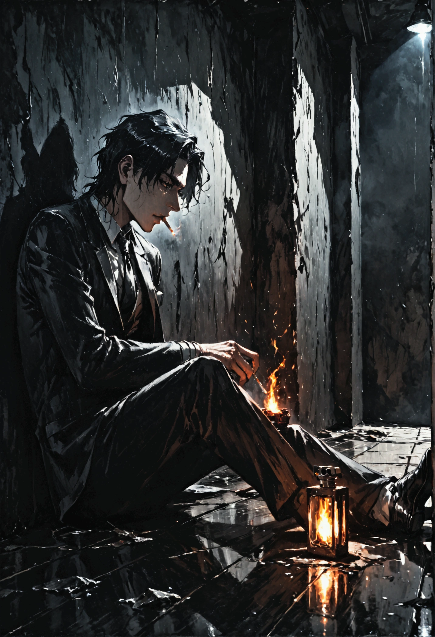 Constantine, man sitting on the floor,lighting a cigarette,lighter fire, dressed in a suit, black tie, broken glass on the floor, leaning against a wall, dark and gloomy scene