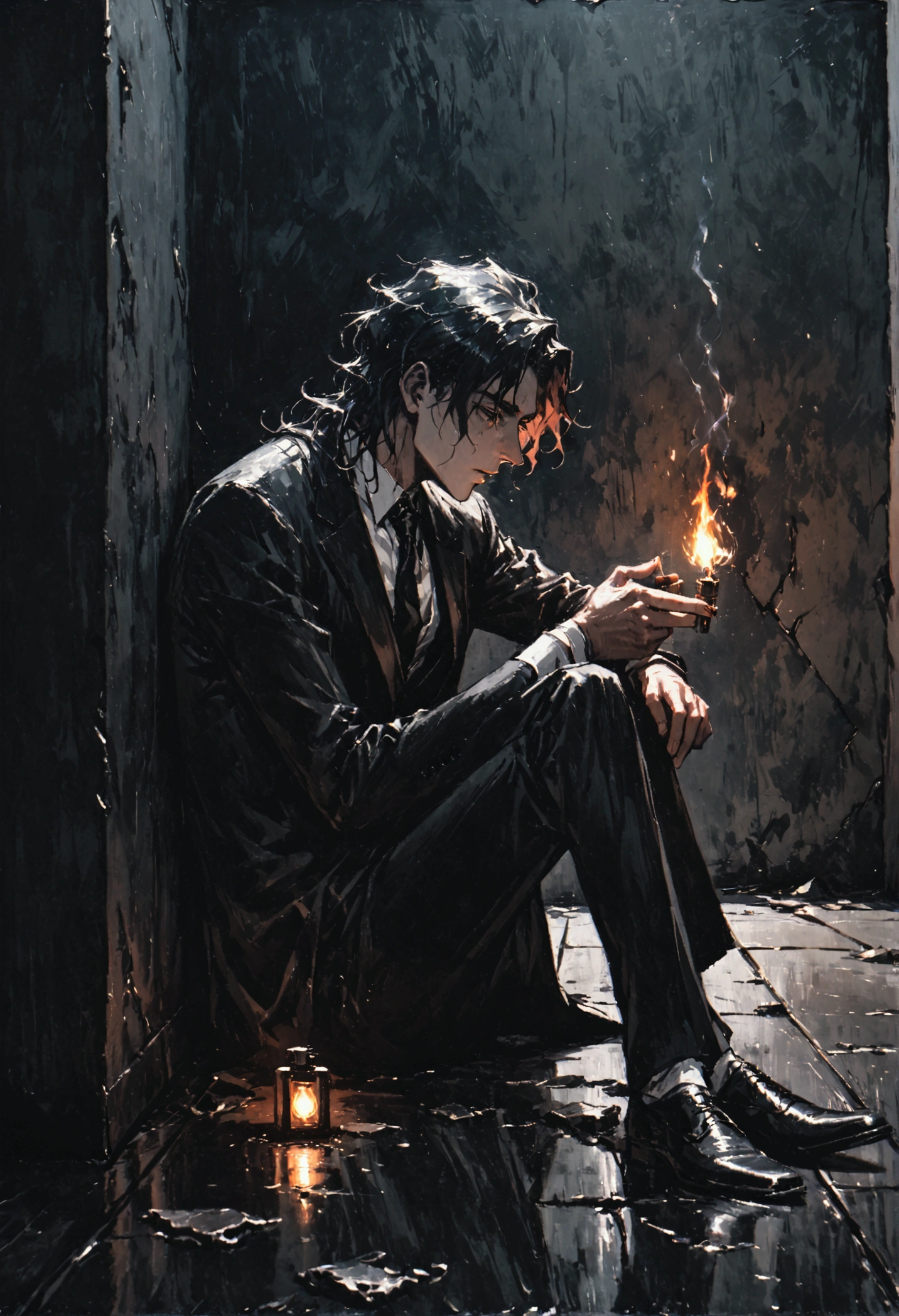 Constantine, man sitting on the floor,lighting a cigarette,lighter fire, dressed in a suit, black tie, broken glass on the floor, leaning against a wall, dark and gloomy scene