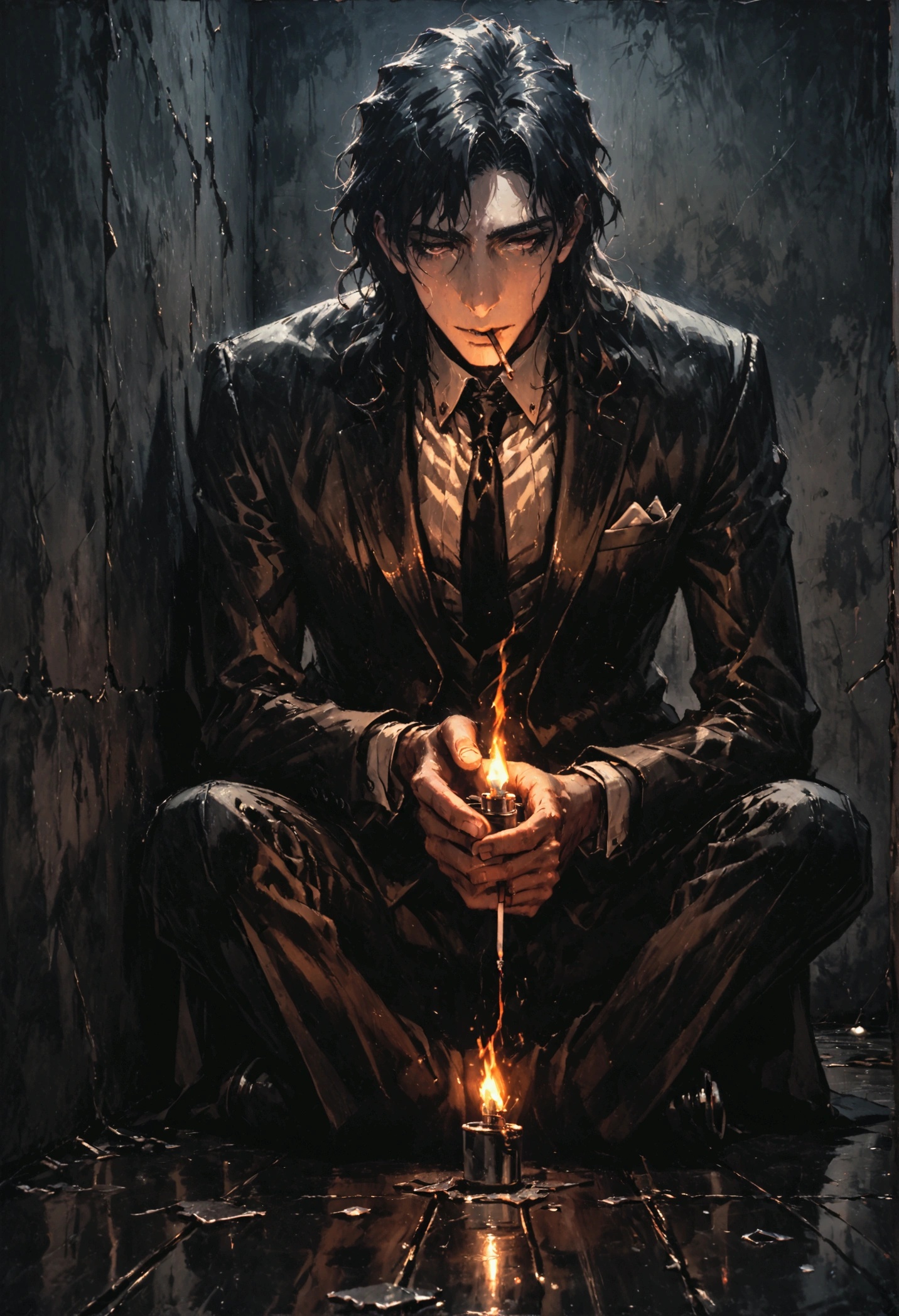 Constantine, man sitting on the floor,lighting a cigarette,lighter fire, dressed in a suit, black tie, broken glass on the floor, leaning against a wall, dark and gloomy scene