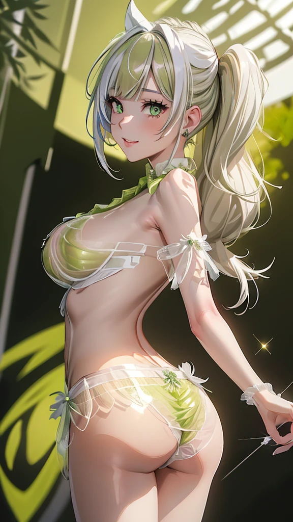 (((masterpiece, super high resolution, ultra HD, 8K quality))), (((((woman in lime green colored see-through Love uniform))))), (((((shining White Hair, pony tail Bangs Bangs)))))) (((((beautiful sparkling red eyes))))), (((highlights on eyes))), pink lips, sexy expression, ((highly detailed)), (perfectly detailed face), (((((very Big Tits))))), (((charming smile))), photorealistic image, earrings, Beautiful figure from the knees up, standing, (((back ground : Master's study))), (((Front view))), (((sexy underwear)))
