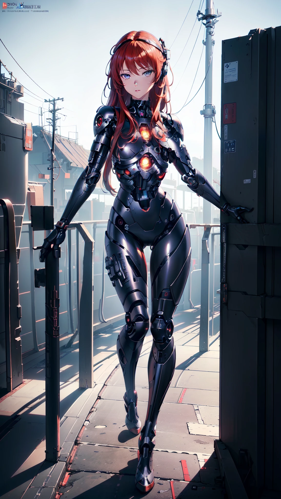 (masterpiece:1.2, best quality), (extremely detailed CG unity 8k wallpaper, masterpiece, best quality, ultra-detailed, best shadow), (finely detailed beautiful eyes: 1.2), (1 girl), ((cyborg, high-tech)), (long crimson hair:1.2), standing, model pose erect pose, fullbody shot, fullbody view,