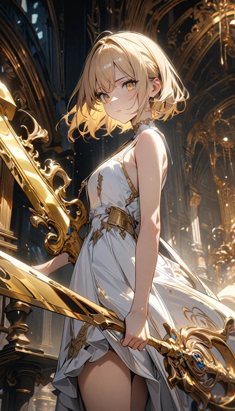 young girl, short blonde hair, yellow eyes, white dress, sleeveless, open shoulders, golden elements, golden sword, Masterpiece, best quality, Full HD, 8k, ultra details, great graphic