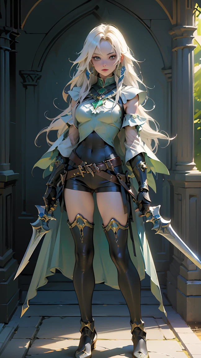 (((masterpiece, best quality, high detailed, 8k))) Design a layout showcase Gaming character, (1girl). Green|Gold clothes, stylish and unique. ((showcase weapon:1.4)), nature staff. (masterpiece:1.2), (best quality), 4k, ultra-detailed. (Step by step design, layout art:1.5), (luminous lighting, atmospheric lighting). druid, ((glove full hands)), (((revealing clothes:1.3))), vambraces, armored legwear, (((full_body_shot:1.4))). {In a magical meadow}.