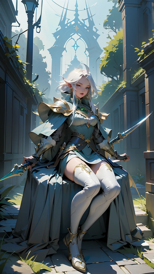 (((masterpiece, best quality, high detailed, 8k))) Design a layout showcase Gaming character, (1girl). Green|Gold clothes, stylish and unique. ((showcase weapon:1.4)), nature staff. (masterpiece:1.2), (best quality), 4k, ultra-detailed. (Step by step design, layout art:1.5), (luminous lighting, atmospheric lighting). druid, ((glove full hands)), (((revealing clothes:1.3))), vambraces, armored legwear, (((full_body_shot:1.4))). {In a magical meadow}.
