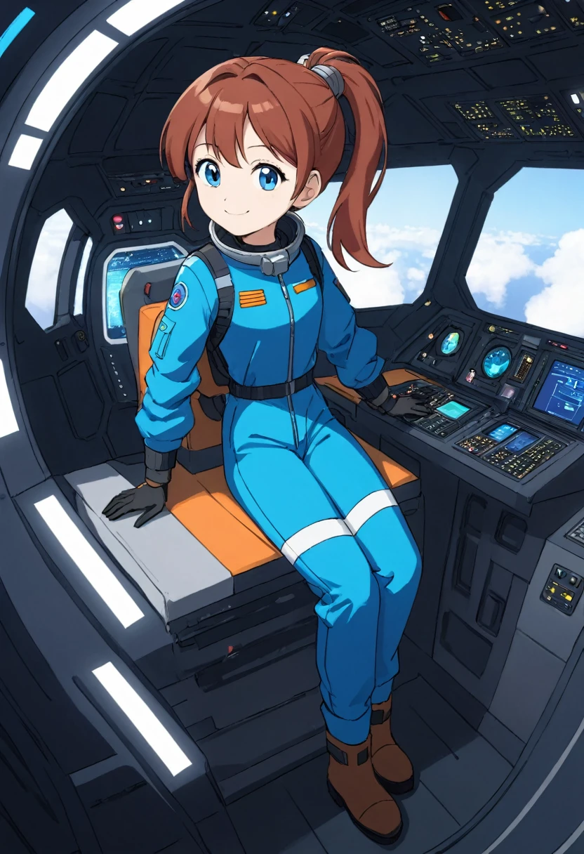 Cute anime girl, Full-body image of a young teenag girl space pilot, auburn hair, side ponytail, blue eyes, pilot jumpsuit, aviator jacket, boots, leather gloves, in a rtrofuturistic spaceship cockpit, anxious, smile