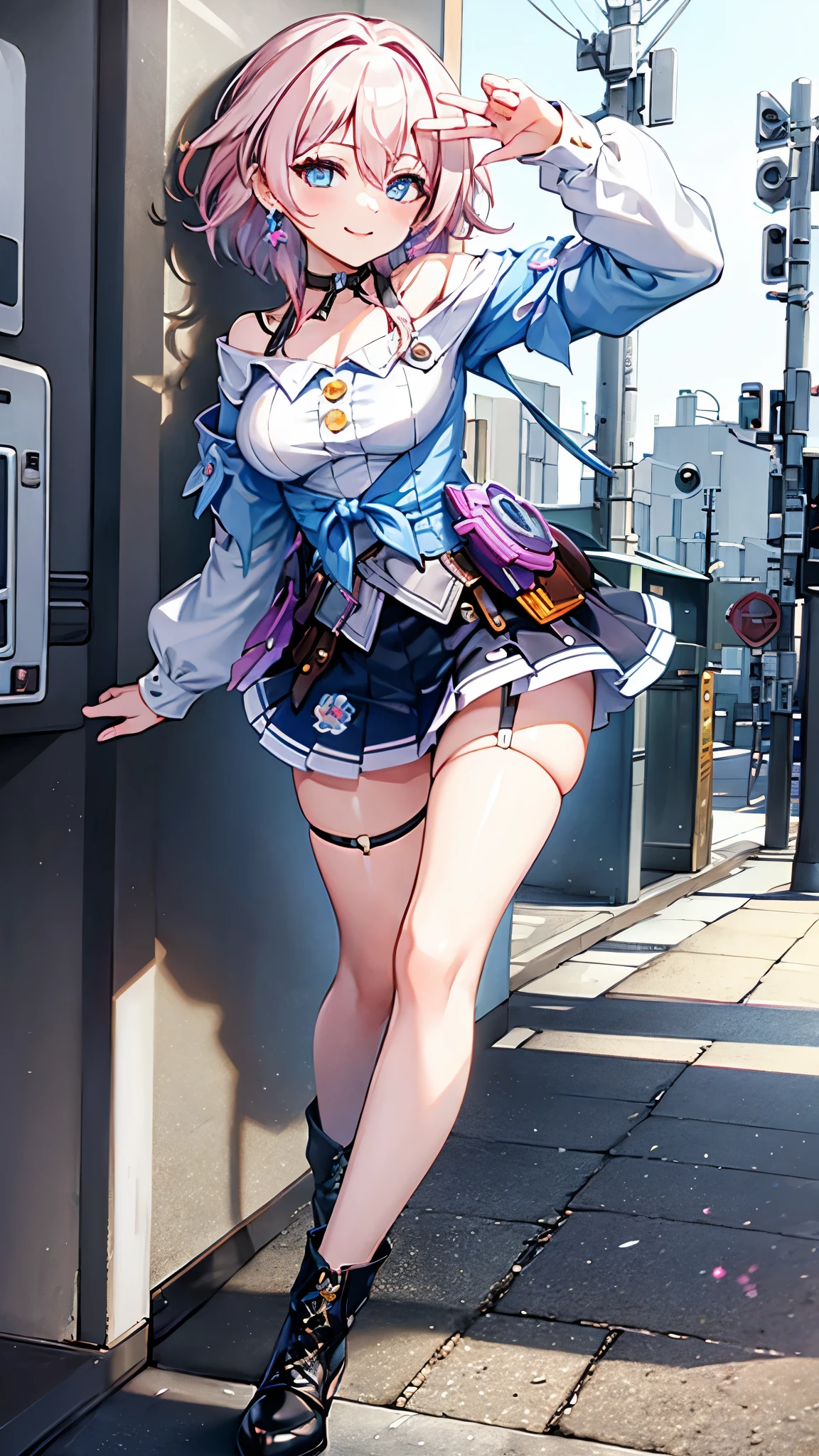 (masterpiece), best quality, expressive eyes, perfect face, 1 girl, solo, march seventh, blue eyes, hair between eyes, medium hair, pink eyes, pink hair, two-tone eyes, ankle boots, archery shooting glove, badge, bare legs, black choker, black corset, black footwear, black gloves, blue jacket, blue skirt, boots, button badge, buttons, choker, collarbone, corset, earrings, flower ornament, gloves, high heel boots, high heels, jacket, jewelry, long sleeves, miniskirt, partially fingerless gloves, pleated skirt, shirt, single earring, single glove, skirt, thigh strap, tied jacket, underbust, white shirt, smiling, city, background, futuristic city, standing, knees up, upper body, portrait, looking at the viewer, model pose, front view, walk towards the viewer