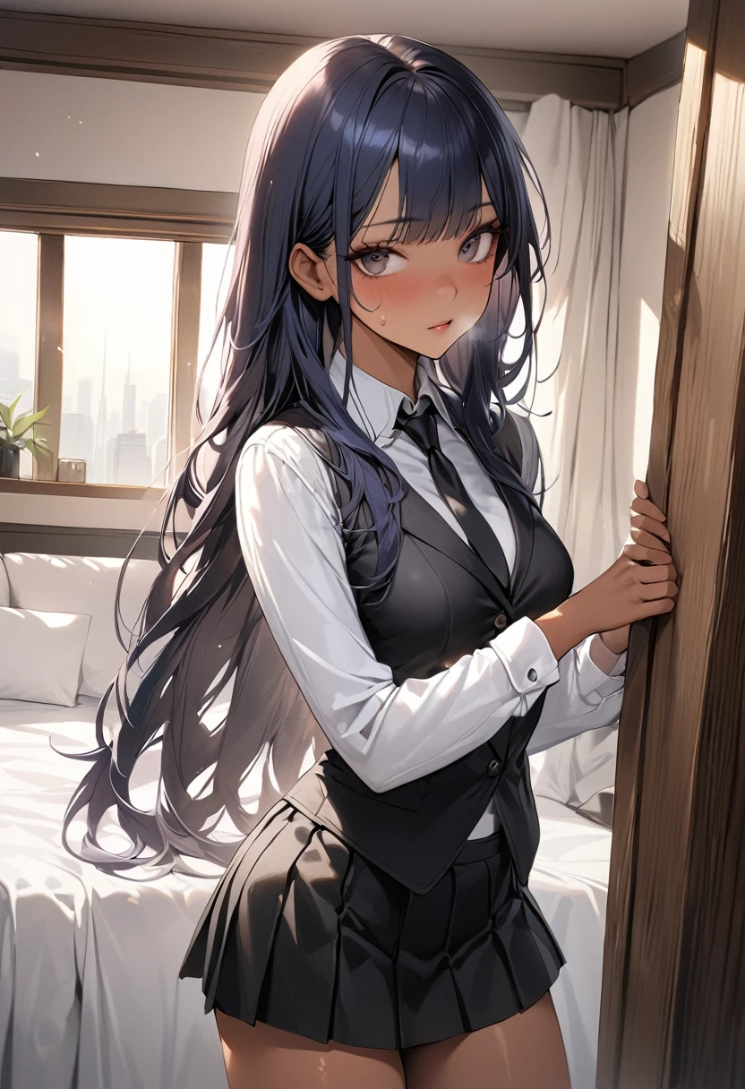 ((masterpiece,Highest quality:1.3,best quality illustration)),realistic,1woman,(20 year old beauty),((very small head:1.3)),ideal ratio body proportions,dark blue hair,straight long hair,bangs,black eyes,gorgeous big eyes,((tan skin,skinny)),(Black vest、Black tie、White collared shirt、Long sleeve、Black pleated mini skirt)),medium breasts,gleaming skin,slender body,sweat,standing,Simple bedroom,Shinjuku、Tokyo、nsfw,