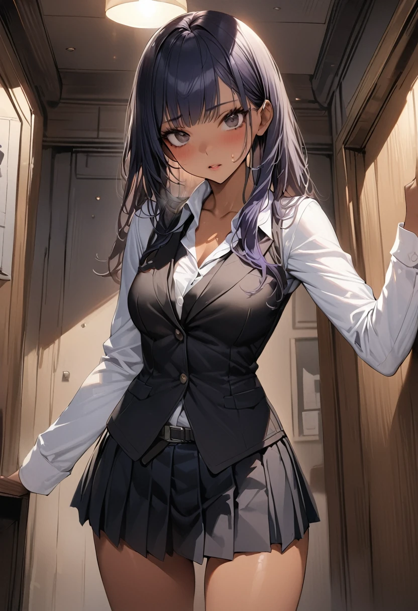 ((masterpiece,Highest quality:1.3,best quality illustration)),realistic,1woman,(20 year old beauty),((very small head:1.3)),ideal ratio body proportions,dark blue hair,straight long hair,bangs,black eyes,gorgeous big eyes,((tan skin,skinny)),(Black vest、Black tie、White collared shirt、Long sleeve、Black pleated mini skirt)),medium breasts,gleaming skin,slender body,sweat,standing,Simple bedroom,Shinjuku、Tokyo、nsfw,