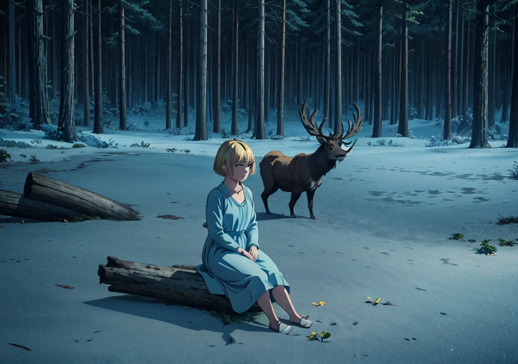 a girl with short blonde hair, with light blue dress, standing backwards, forst, Thu, 2d, dark surroundings, dried leaves, natta, haze, grays, looking at a muscular giant elk monster sitting