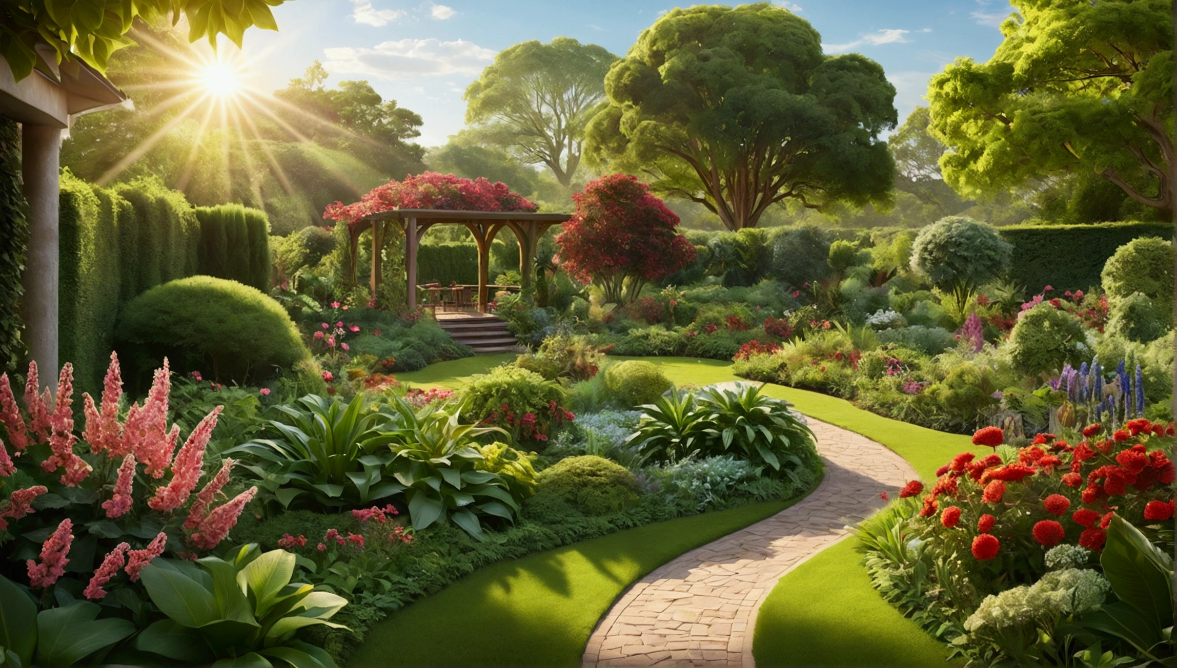 Hyperrealistic photo of a lush, flourishing garden of vibrant flora and fauna, each leaf and bloom teeming with life and vitality. The sun's warm rays illuminate the scene, casting a golden glow over the verdant landscape. You can almost feel the fresh, crisp air and hear the gentle rustle of the leaves in this stunningly detailed photograph. The image captures a sense of tranquility and rejuvenation, inviting viewers to immerse themselves in the beauty of nature's wellness.