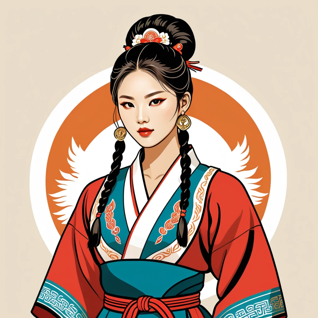 female beastmaster in korean folk outfit ,vector graphics, strong contours, logo design