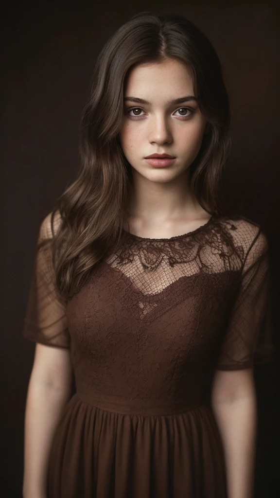 (full body, editorial photograph of a 18 year old woman), (highly detailed face:1.4) (smile:0.7) (background inside dark, moody, private study:1.3) POV, by lee jeffries, nikon d850, film stock photograph ,4 kodak portra 400 ,camera f1.6 lens ,rich colors ,hyper realistic ,lifelike texture, dramatic lighting , cinestill 800, ((simple brown background)) white full net dress