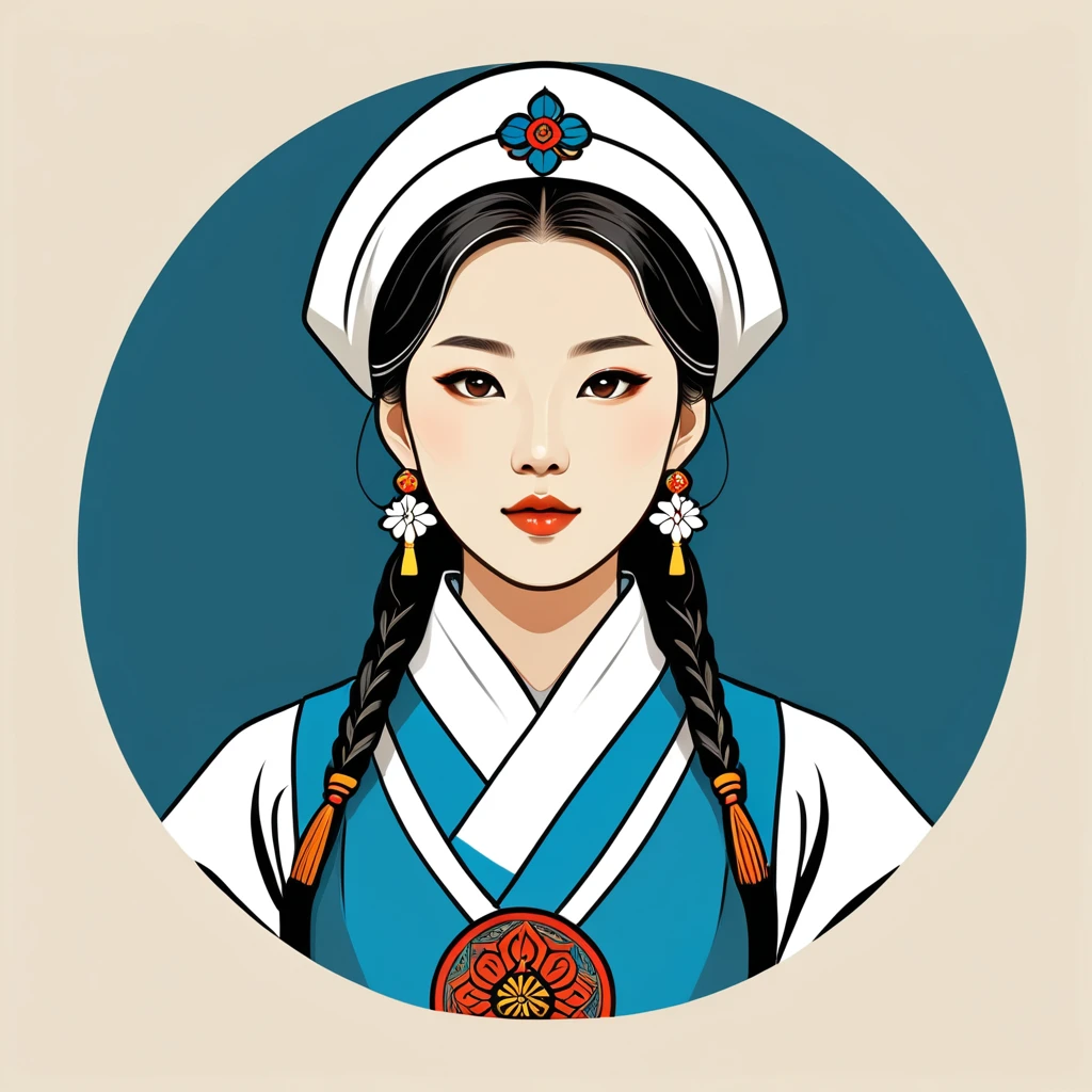 female cleric in korean folk outfit ,vector graphics, strong contours, logo design