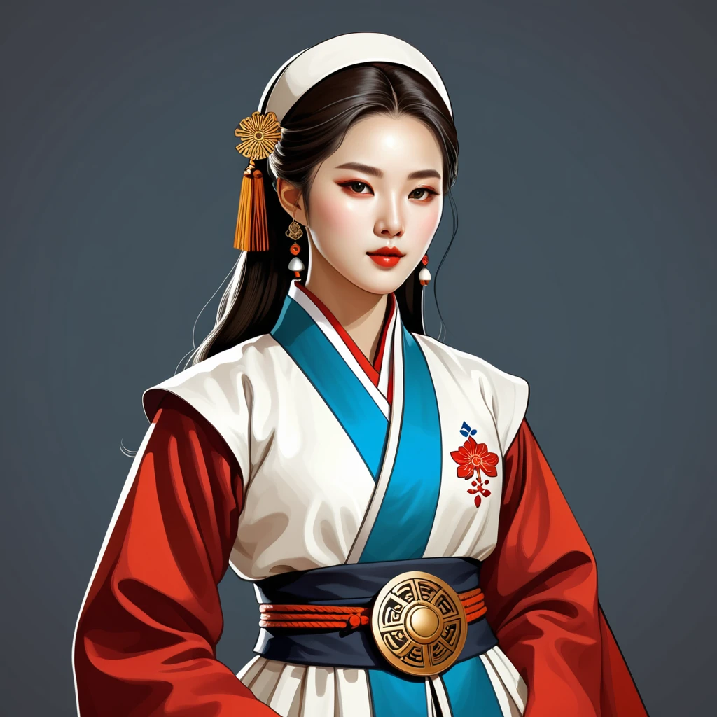 female cleric in korean folk outfit ,vector graphics, strong contours, logo design