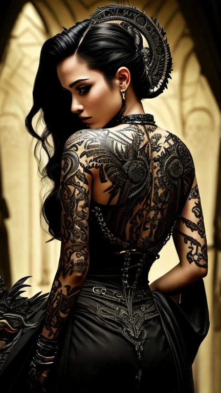 (best quality, 4K, 8k, High resolution, ​masterpiece: 1.2), extremely detail: 1.4, Back of a beautiful punk woman with a black dragon tattoo with roses, perfect body, Iroquois excited:1,3 (photorealisti , Intricate detailing: 1.37), very detailed face, extremely detailed facial features, hyper-realisti skin texture, detailed skin structure, ​masterpiece, 8k, Lovely, detailled eyes, beautiful detailed lips, extremely detailed face, longeyelashes, realisti, extremely fine details, photorealisti, dramatic lighing, atmospheric lighting, cinematic lighting, 基于物理的渲染, Vivid colors, dramatic lighing, Intricate detailing, Film composition, Gothic-Mode, dramatic pose