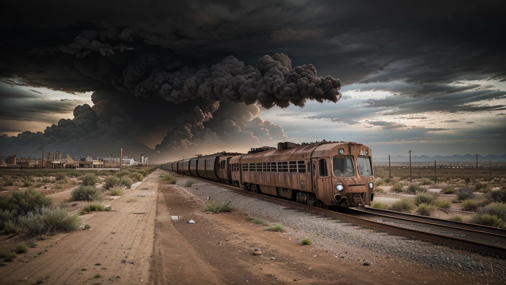 rusty post apocalyptic train abandoned in desert cloudy sky dark clouds between buildings city in the background
