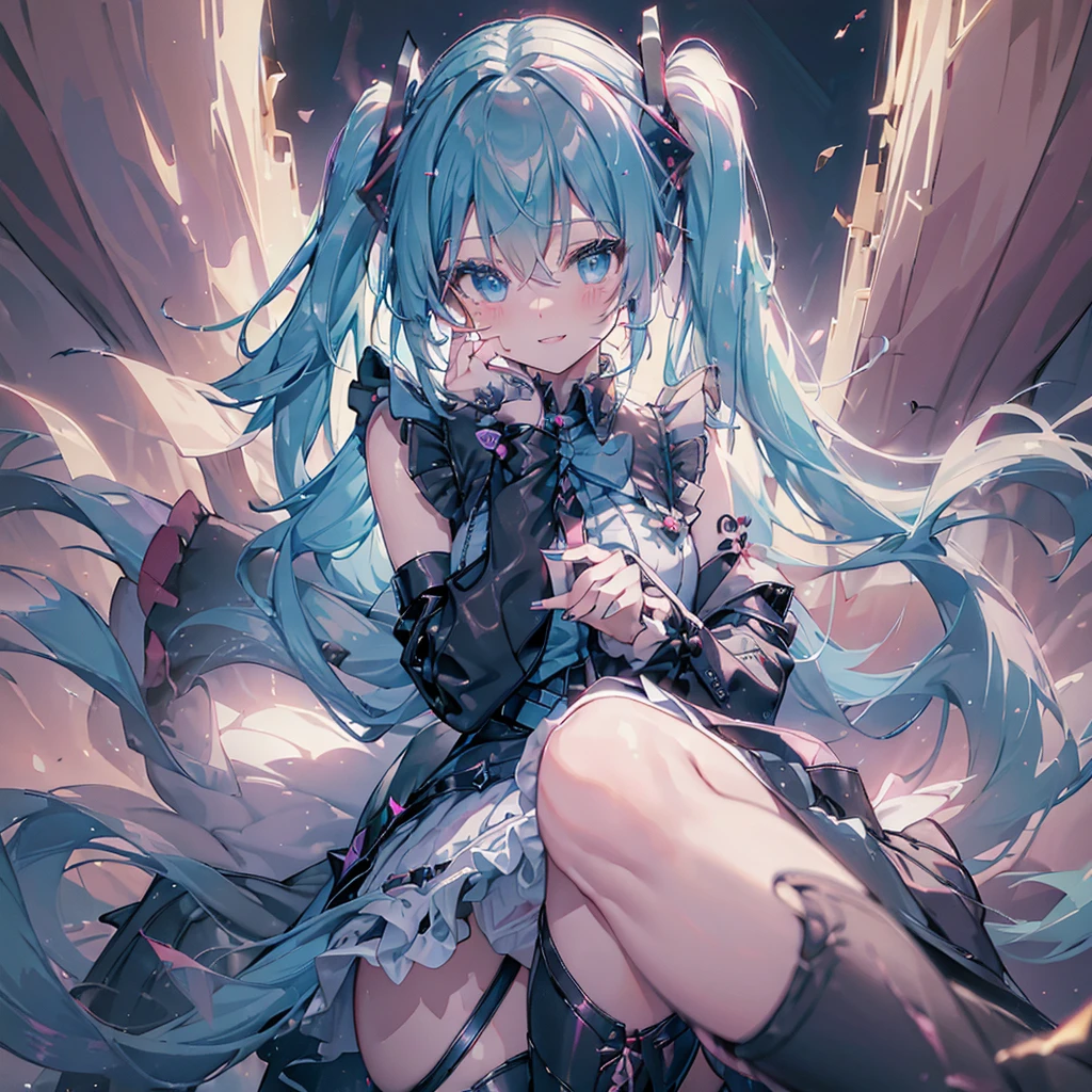 (masterpiece,Super Detail,In 8K,Best Original Score,Moody lighting,Photorealistic,Dynamic Shot:1.5),hatsune miku,Dangerous Vampire,Adult sexy body,Light blue twin tails,smile,Double teeth,A small pink heart on her cheek,Pink and black gothic dress fashion,Jirai fashion with very delicate details,Black platform high boots,Beautiful long legs,Beautiful big ,Cute pose,Midnight Downtown,Lots of neon lights,Urban hustle and bustle