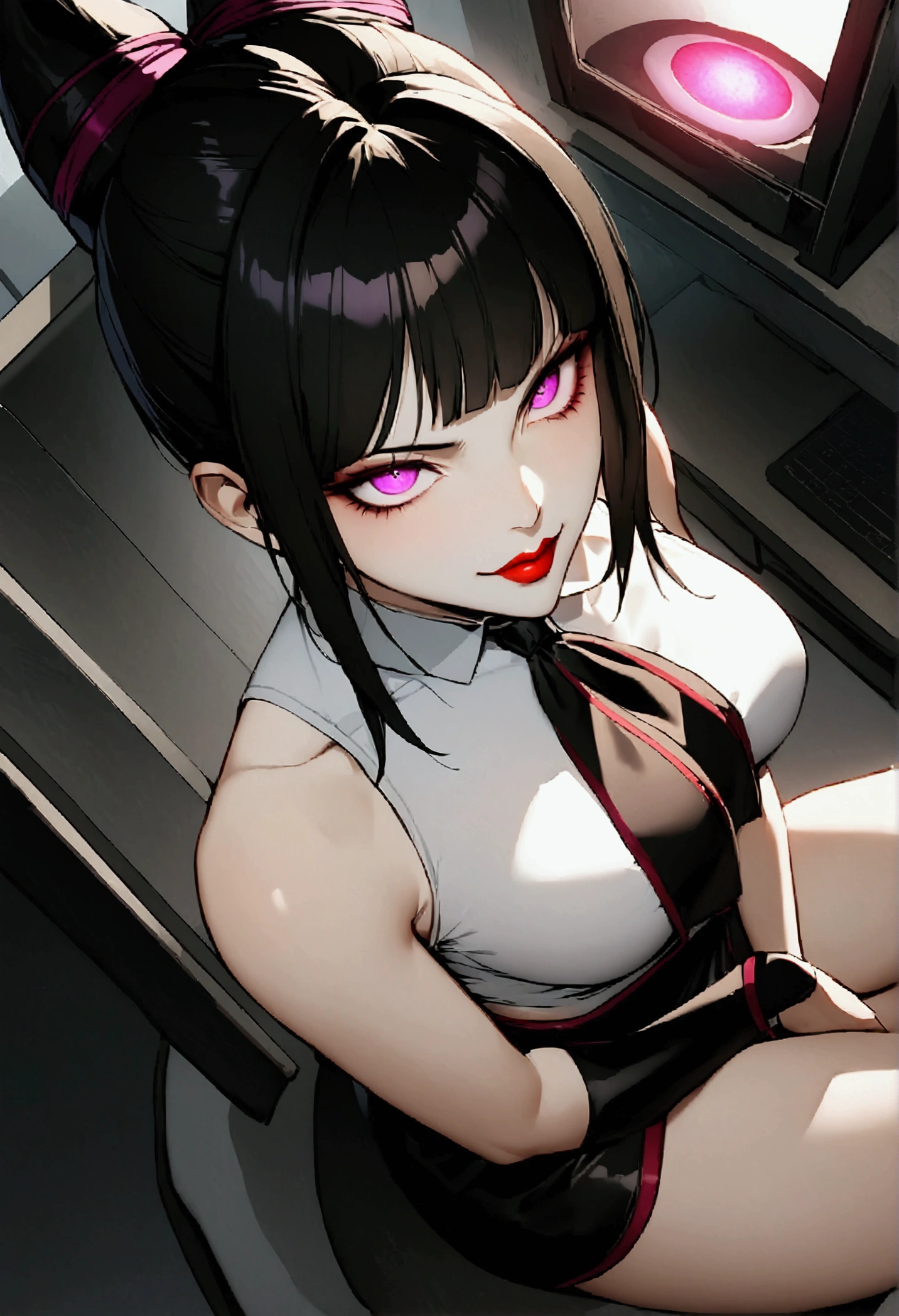 juri han, work of art, tight white secretary shirt with black tie, black high waist skirt, short skirt,stocking, black hair, black tightscary sun,office,bangs on the eyes,Lighting,horn of hair,view from above,staring overhead,evil smile,sitting,cross legs,glowing purple eyes,red lips,The eyes,stocking black
