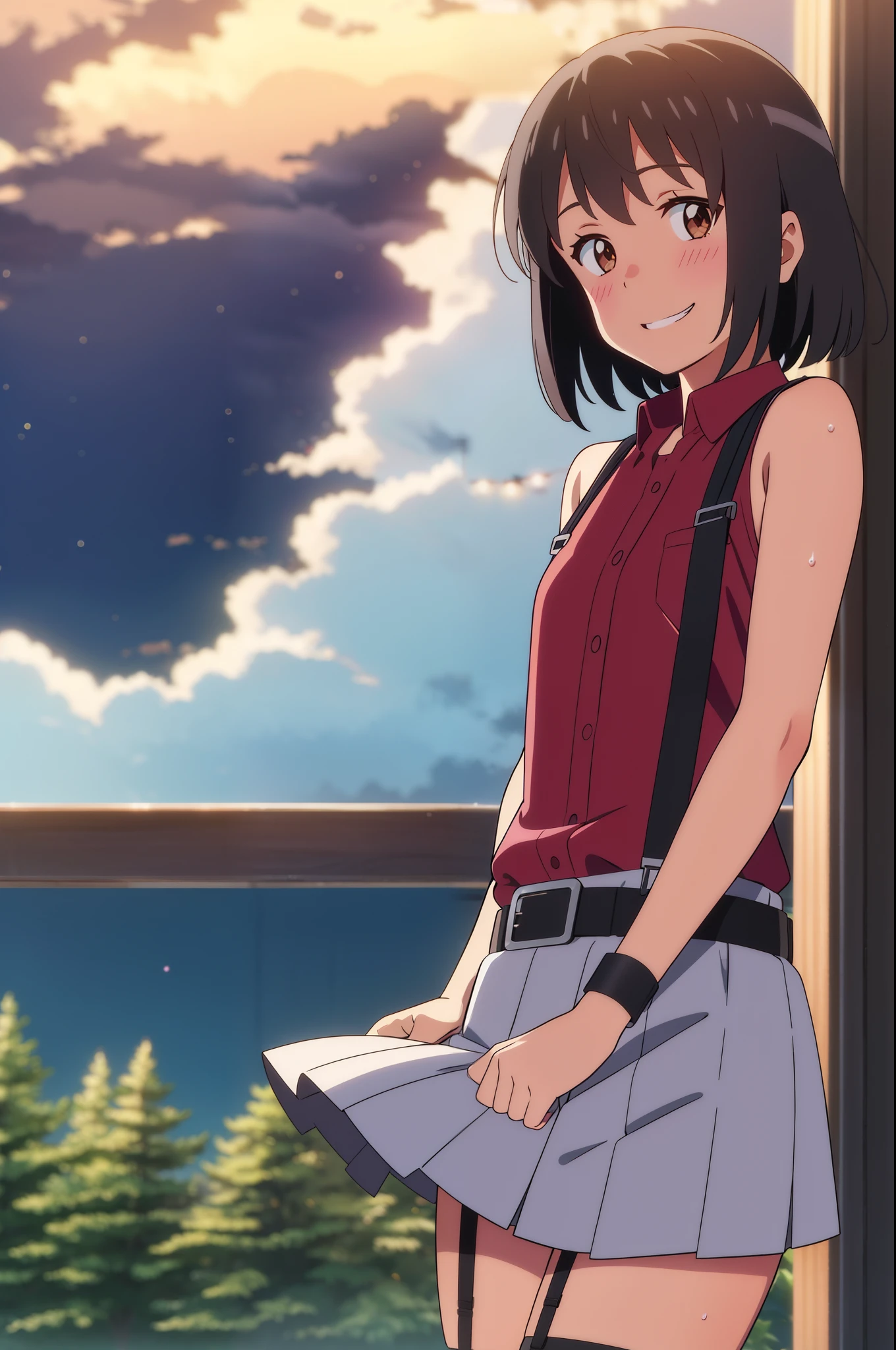 shinkai makoto, kimi no na wa., 1girl, bangs, black hair, blush, brown eyes, perfect face, looking at the viewer, mini dress, bare shoulders, detached collar, red headband, red ribbon, red bow, mini skirt, black thighhighs, short hair, solo, shinny skin, smile, cute, grin, cloudy, night sky, night background, forest, sweat, (masterpiece), best quality