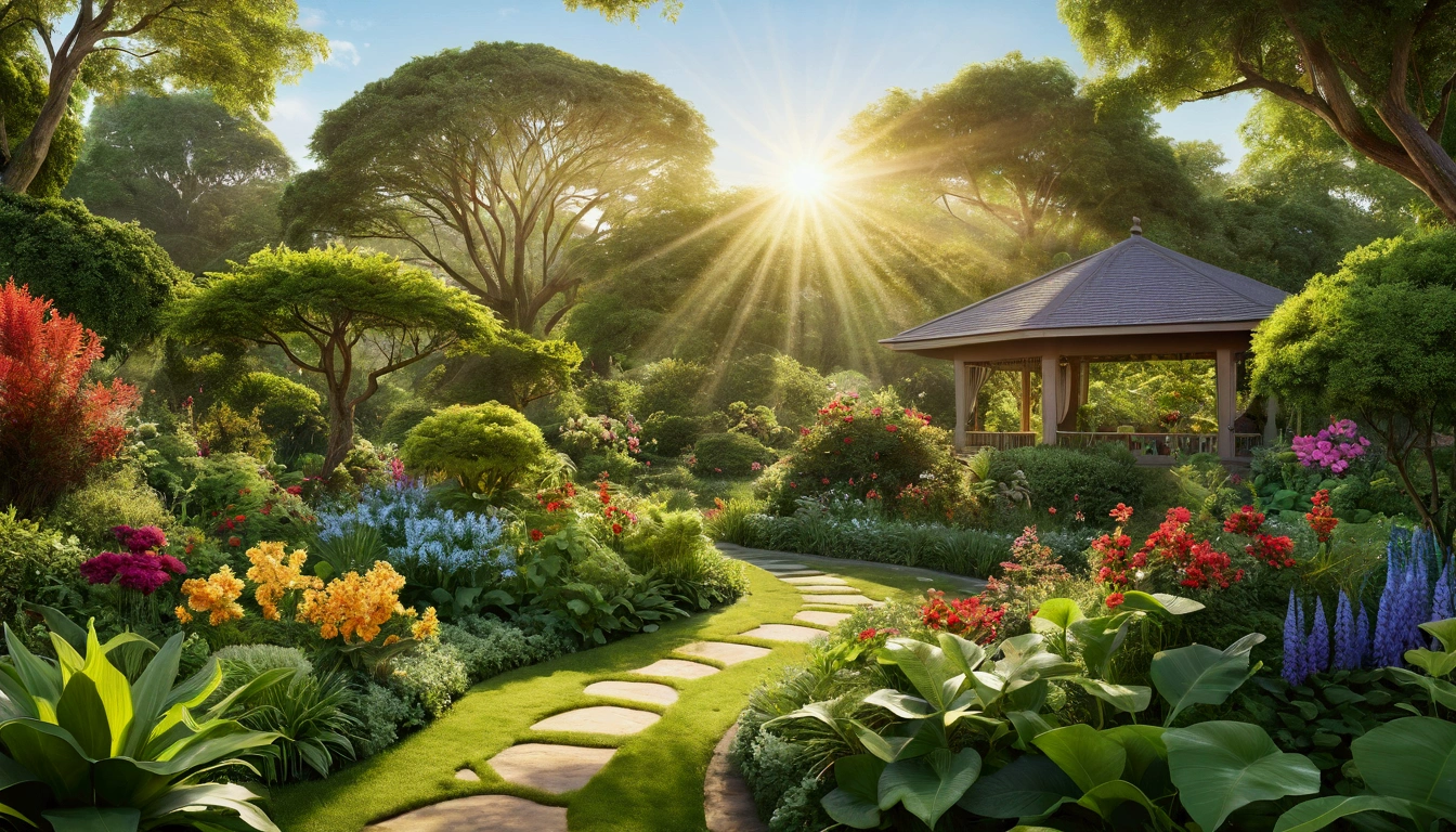 Hyperrealistic photo of a lush, flourishing garden of vibrant flora and fauna, each leaf and bloom teeming with life and vitality. The sun's warm rays illuminate the scene, casting a golden glow over the verdant landscape. You can almost feel the fresh, crisp air and hear the gentle rustle of the leaves in this stunningly detailed photograph. The image captures a sense of tranquility and rejuvenation, inviting viewers to immerse themselves in the beauty of nature's wellness.