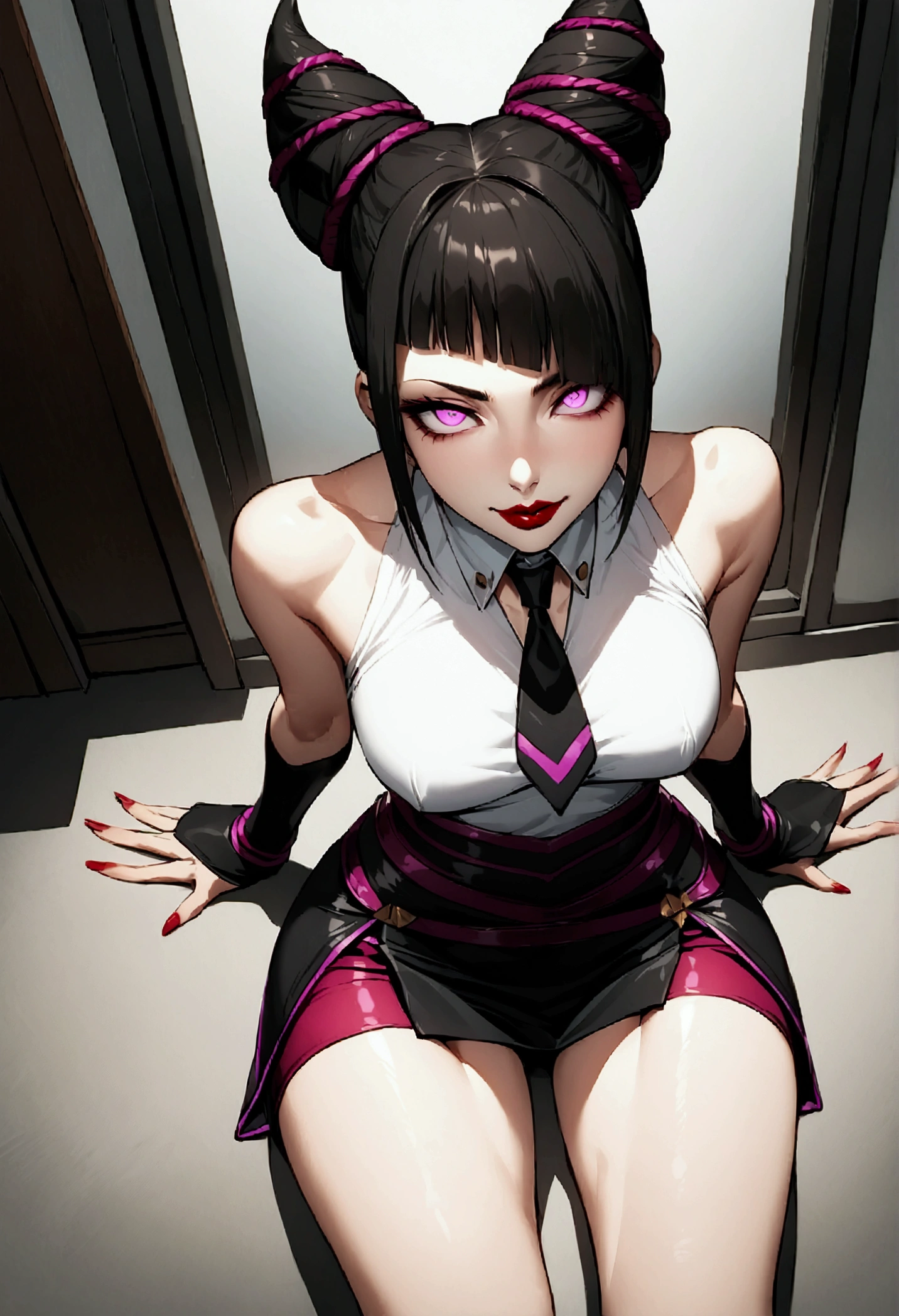 juri han, work of art, tight white secretary shirt with black tie, black high waist skirt, short skirt,stocking, black hair, black tightscary sun,office,bangs on the eyes,Lighting,horn of hair,view from above,staring overhead,evil smile,sitting,flegs cruzadas,glowing purple eyes,red lips,The eyes,flegs