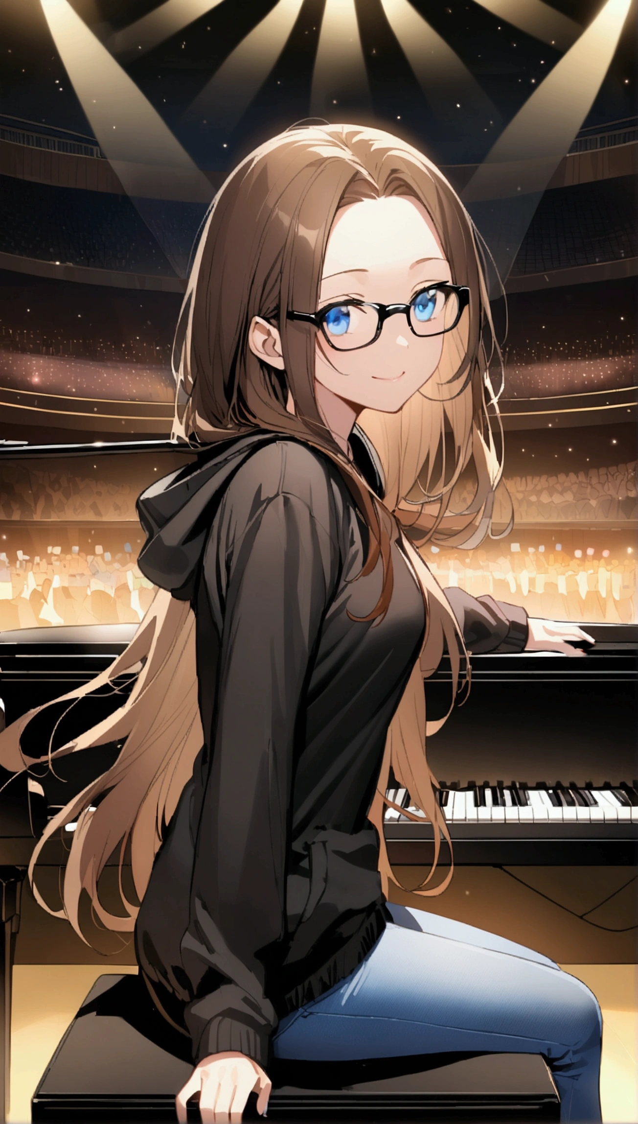 Alone, One person, anime woman (shoulder length brown hair, blue eyes, black hoodie, jeans, dark framed glasses, clear forehead, smiling) playing a beautiful black piano while sitting. In the background a large, magnificent concert hall. Noble.
