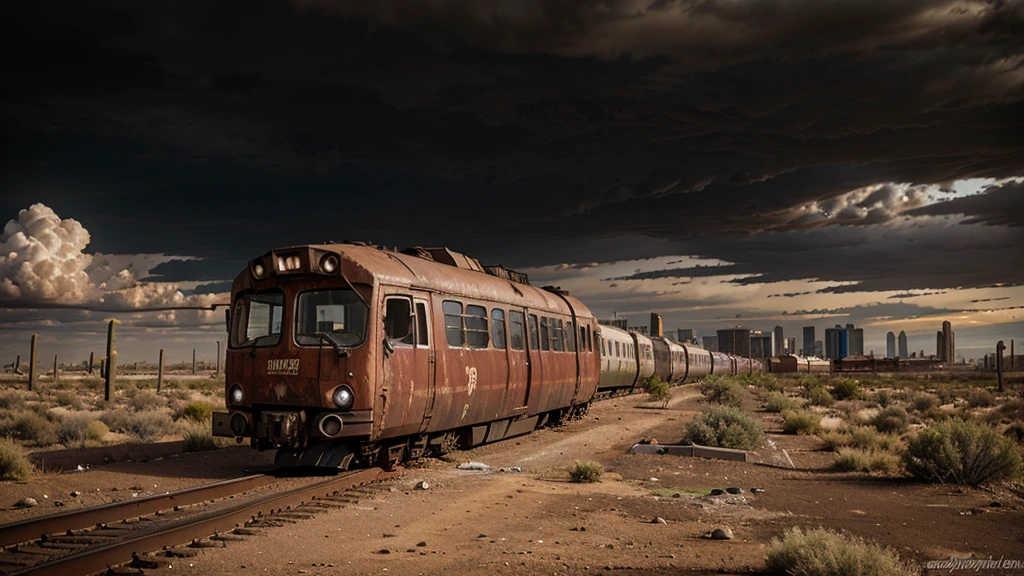 rusty post apocalyptic train abandoned in desert cloudy sky dark clouds between buildings city in the background