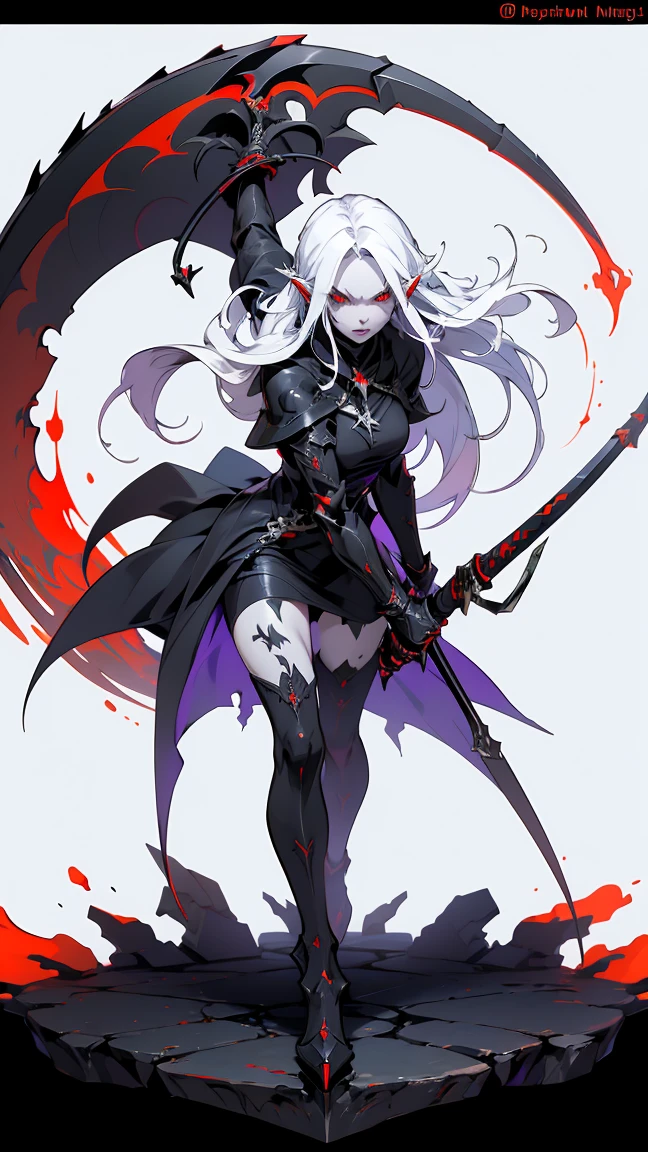  (((Masterpiece, best quality, 16k))) female character with long white hair and piercing red eyes. She wears a demonic armor in purple, black, and white.  wields a large, stylized scythe. The character has a menacing expression, with a chaotic environment as the background. ((full body front view)). ((slender)), (extremely detailed:1.5), (long white hair:1.2), (piercing red eyes:1.2), (chaotic environment:1.1), (demonic armor:1.3), (stylized scythe:1.3).