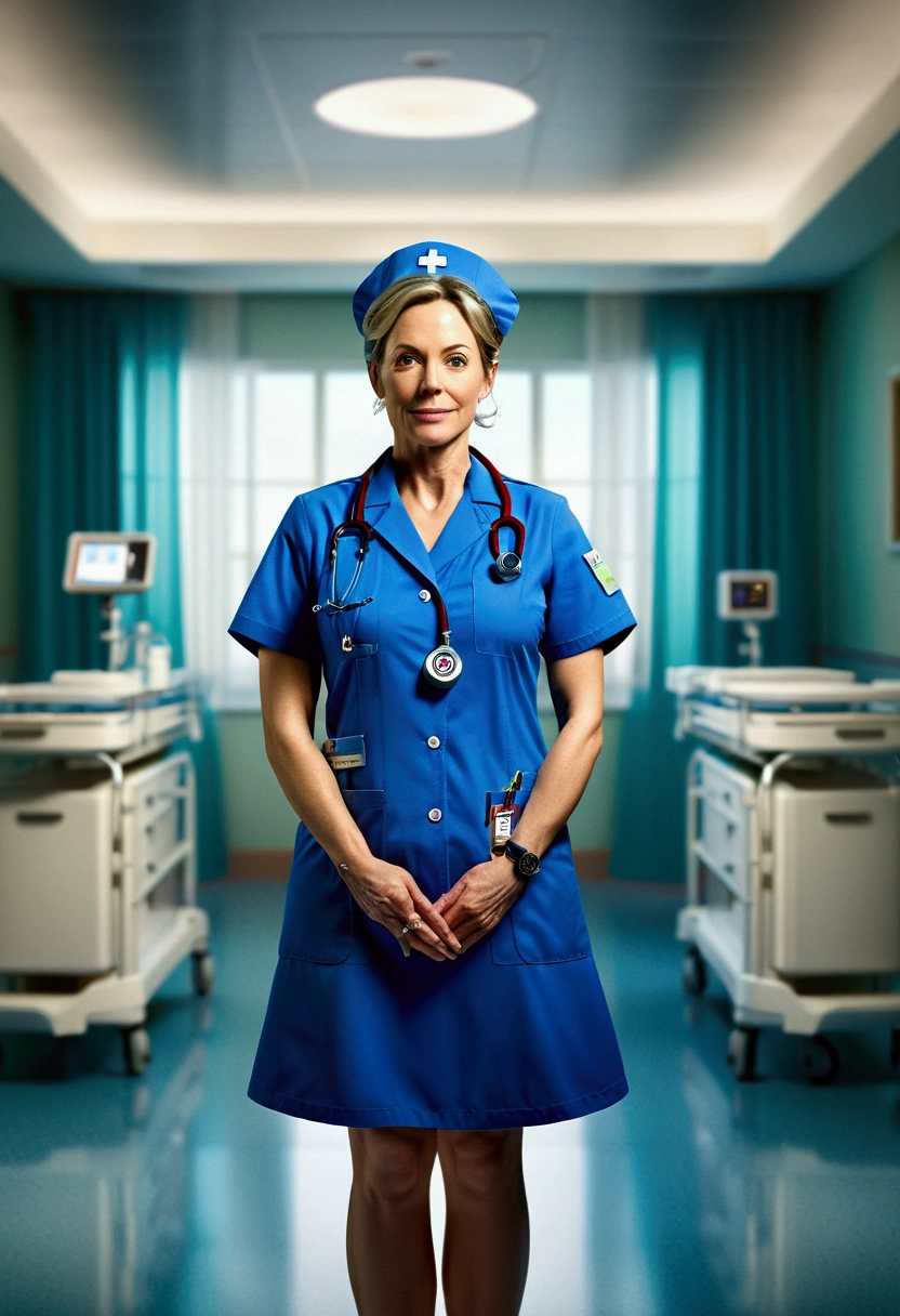 Nurse, full body, by Randolph Kedick, cinematic still, (best quality, masterpiece), very aesthetic, perfect composition, photorealistic, intricate details, ultra-detailed, vivid colors