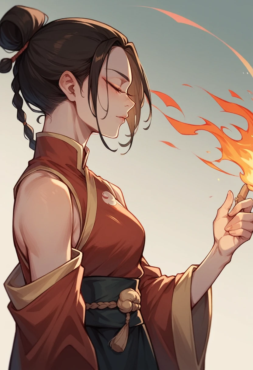 avatar picture, Girl from the Fire Nation, eyes both, red and black fire nation style clothing, dark brown hair with two light highlights 