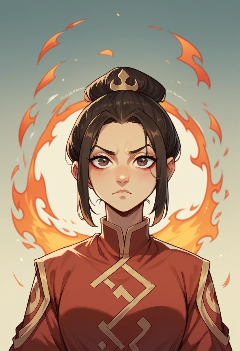 avatar picture, Girl from the Fire Nation, eyes both, red and black fire nation style clothing, dark brown hair with two light highlights 