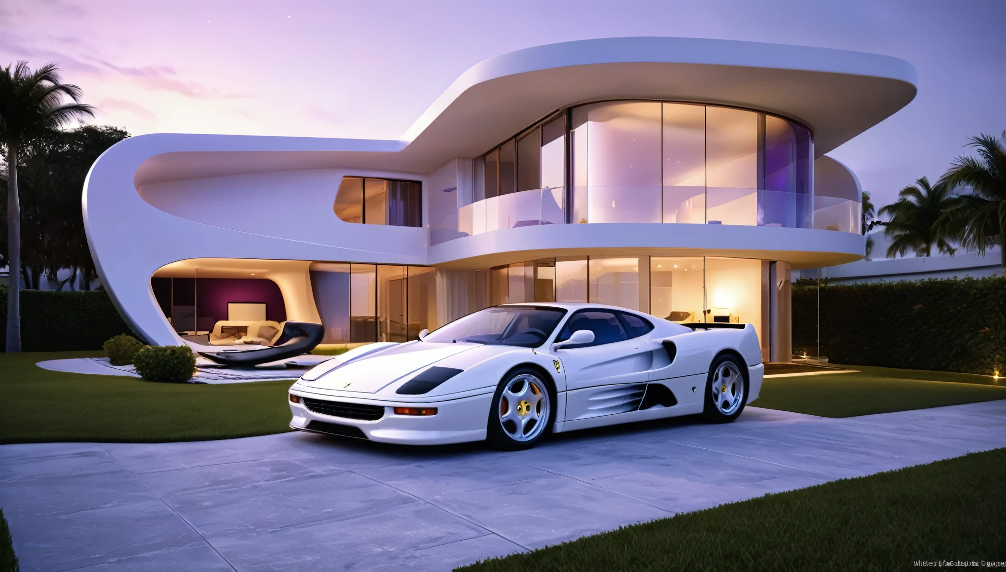 a futuristic house with a white Ferrari testarossa parked in front of it, cgsocietywlop, beautiful curves, intricate devilish designs, qualia, interesting shapes & form, wow factor, elaborate polished, architectural rendering, miami, bioluminescent, colorfull, glow fluid, purple and orange soft lighting in interior of house, futuristic battlefield, inspired by James E. Brewton, precise architectural rendering
