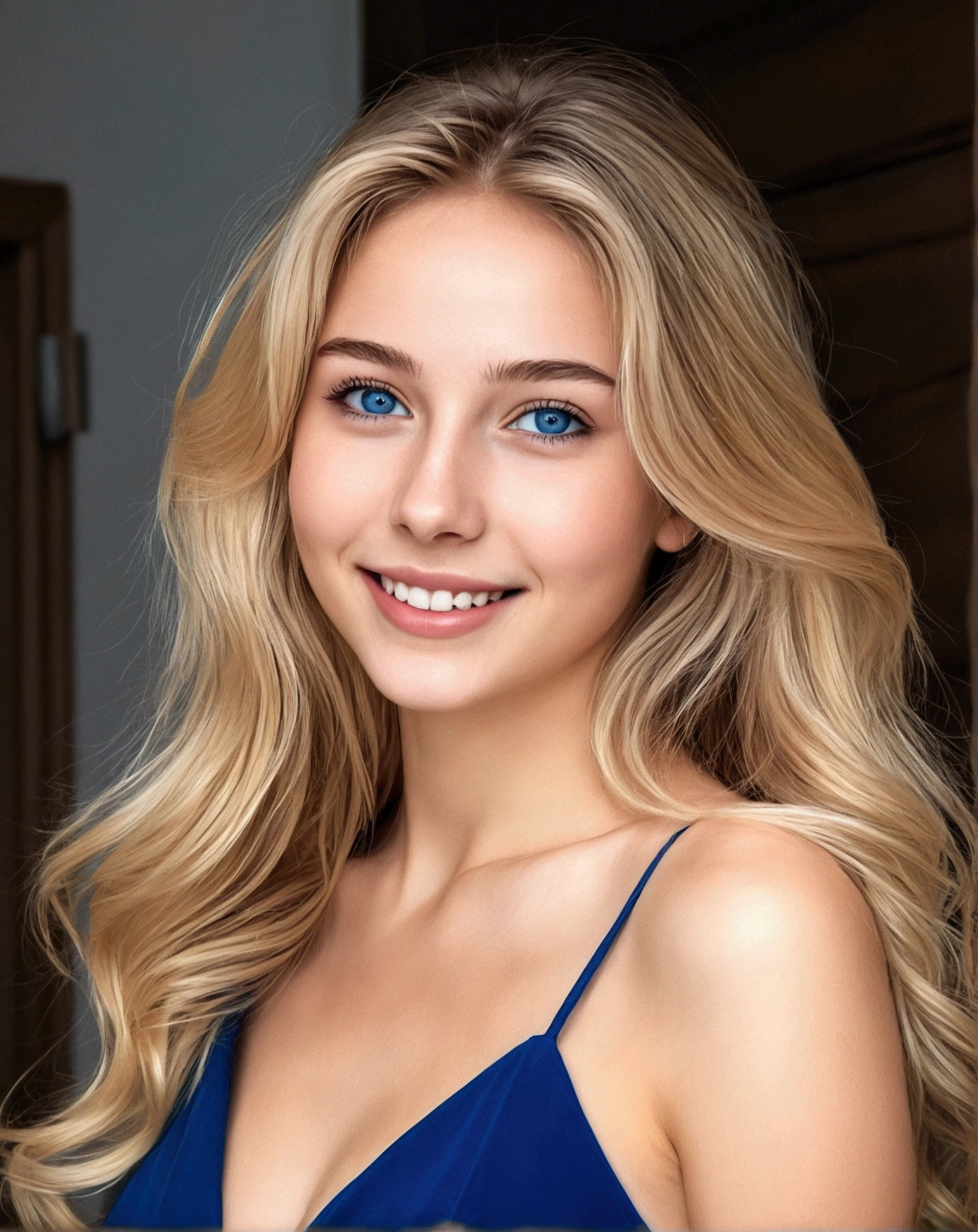 (masterpiece, 32k, realistic effects in the photo) a young woman, thin face, European reference, 19 years old, thin blue dress, (full body photo), deep blue eyes, blonde hair, spectacularly beautiful face, sweet expression on her face and wide smile 1.7, blue dress, flowing hair, big side bottom