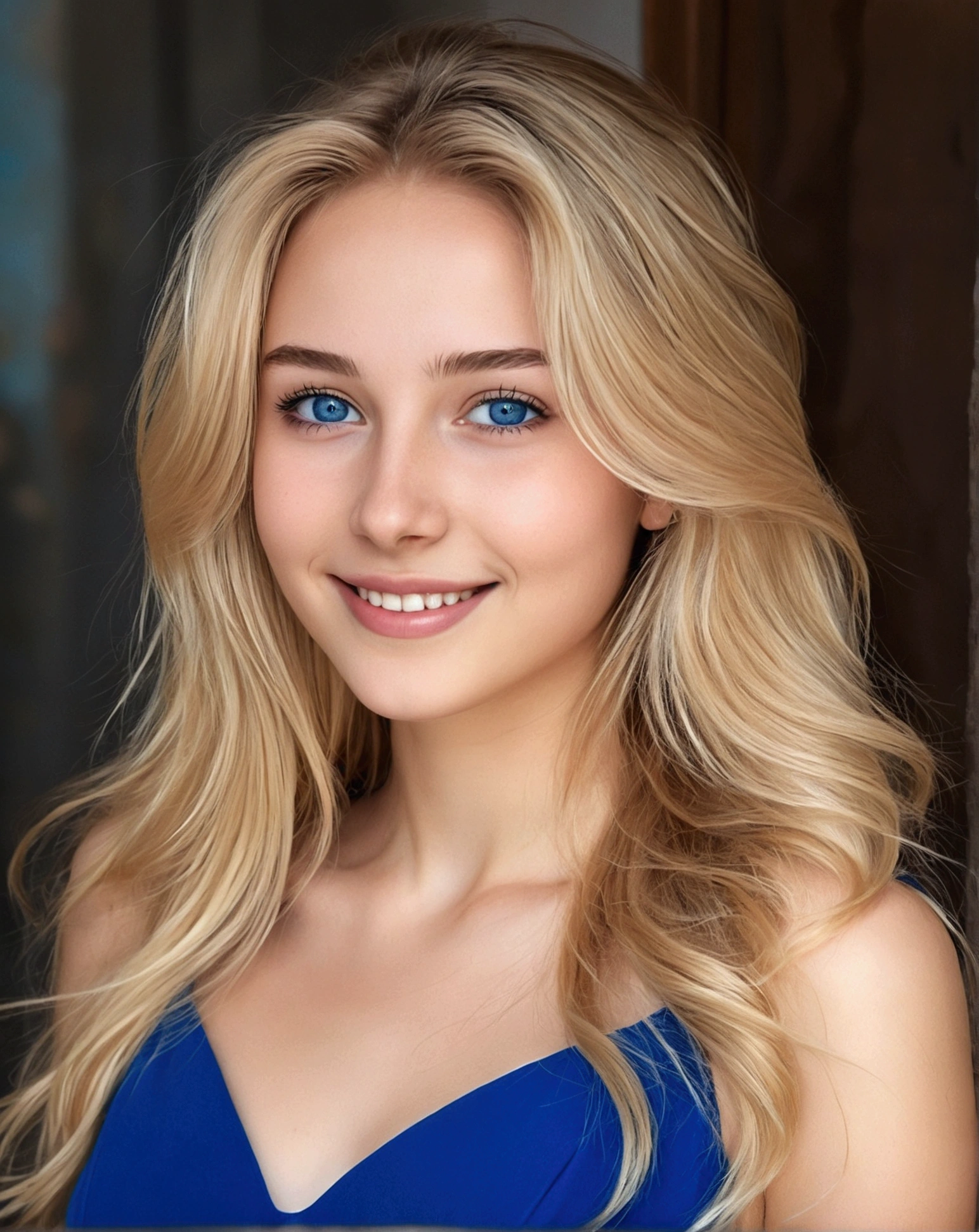 (masterpiece, 32k, realistic effects in the photo) a young woman, thin face, European reference, 19 years old, thin blue dress, (full body photo), deep blue eyes, blonde hair, spectacularly beautiful face, sweet expression on her face and wide smile 1.7, blue dress, flowing hair, big side bottom