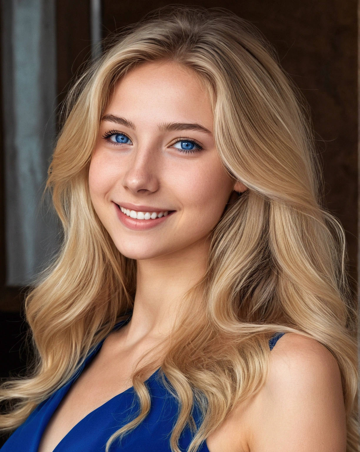 (masterpiece, 32k, realistic effects in the photo) a young woman, thin face, European reference, 19 years old, thin blue dress, (full body photo), deep blue eyes, blonde hair, spectacularly beautiful face, sweet expression on her face and wide smile 1.7, blue dress, flowing hair, big side bottom