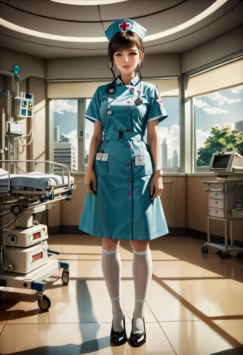 the (nurse) wears a badge of honor on her uniform, her face shows her pride and satisfaction, the glorious atmosphere of the profession, hospital Commendation Conference background, full body, award-winning, cinematic still, emotional, vignette, dynamic, vivid, (masterpiece, best quality, photorealistic, Professional, perfect composition, very aesthetic, absurdres, ultra-detailed, intricate details:1.3)