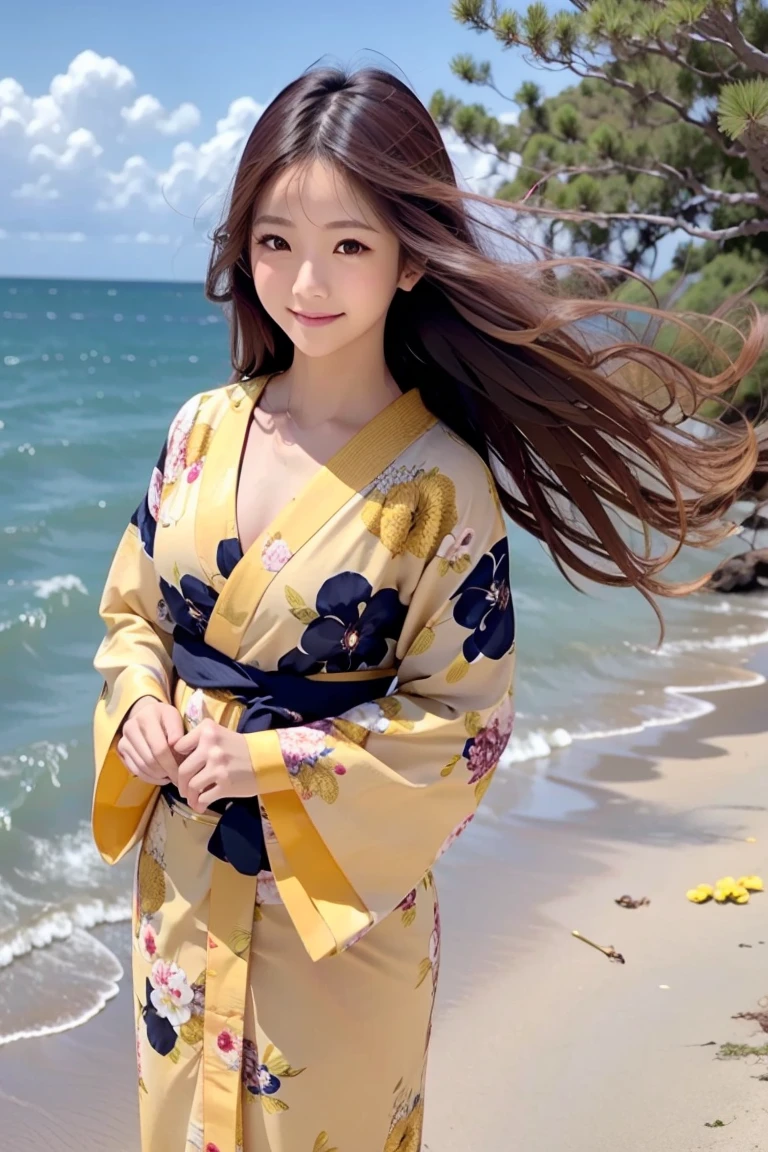 girl in yellow floral yukata robe, yellow floral kimono, wave at the camera, long hair, (8k, top quality, high definition, the best masterpiece, no light, childish face, small breasts, balance carefully, I'm watching my audience, big eyes, bilateral symmetrical eyes, laugh showing teeth, Yukata, Japan kimono, yellow floral kimono, yellow floral yukata, realistic skin, hydrated skin, perfect model body type, photorealistic, raw photo, japan girl, super cute, upper body image, front pose)