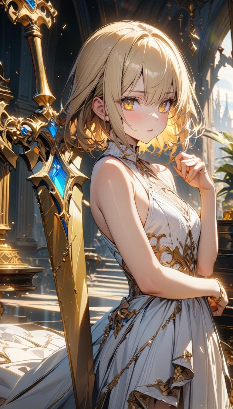 young girl, short blonde hair, yellow eyes, white dress, sleeveless, open shoulders, golden elements, golden sword, Masterpiece, best quality, Full HD, 8k, ultra details, great graphic