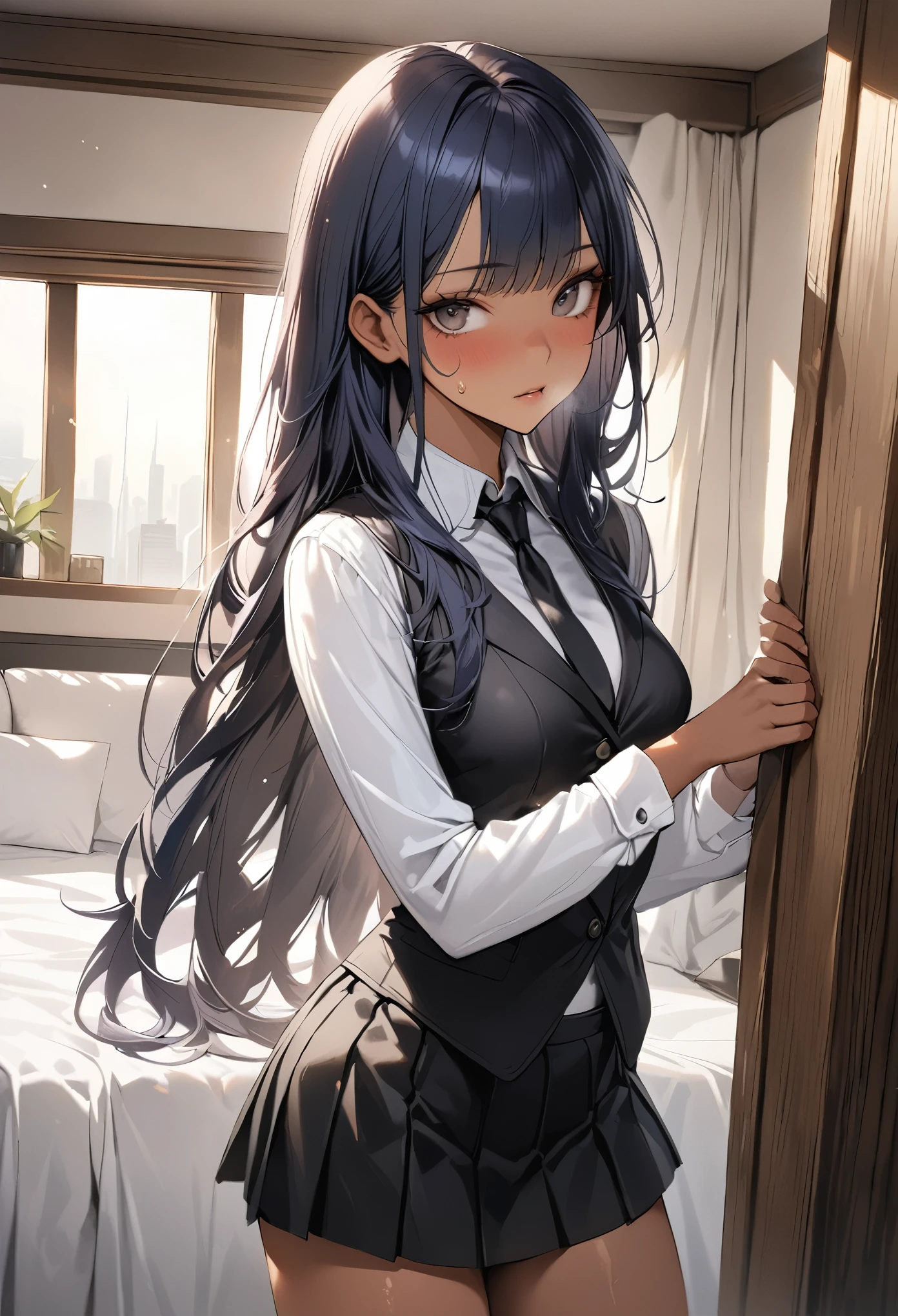 ((masterpiece,Highest quality:1.3,best quality illustration)),realistic,1woman,(20 year old beauty),((very small head:1.3)),ideal ratio body proportions,dark blue hair,straight long hair,bangs,black eyes,gorgeous big eyes,((tan skin,skinny)),(Black vest、Black tie、White collared shirt、Long sleeve、Black pleated mini skirt)),medium breasts,gleaming skin,slender body,sweat,standing,Simple bedroom,Shinjuku、Tokyo、nsfw,